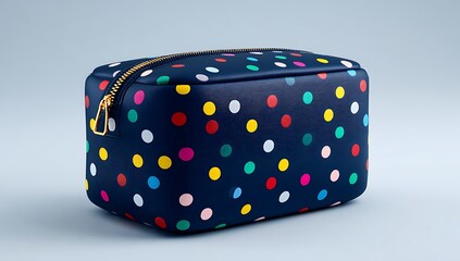A navy blue cosmetic bag with colorful polka dots and a golden zipper