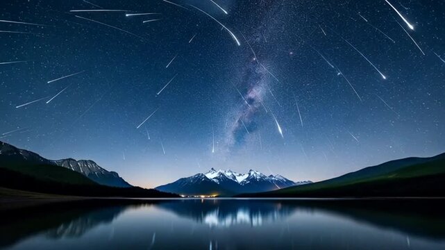 Meteor shower over alpine lake and mountains night timelapse.