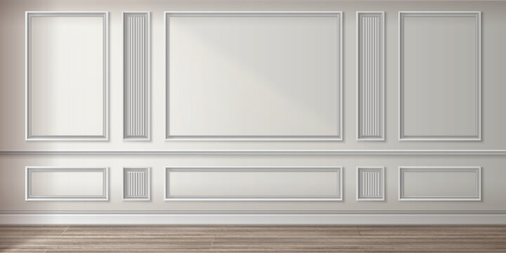 Wall panel frame classic interior with white vintage room molding - empty rectangular borders on beige surface above wood floor. Elegant architectural background for gallery or museum exhibition space