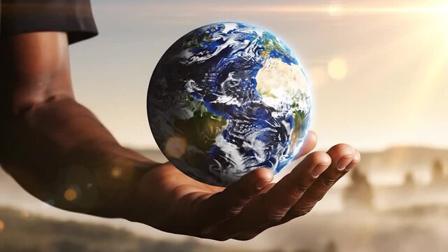 Empowering global impact a hand holds the earth showing stewardship and connection to the planet with a bright hope filled future