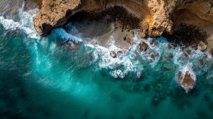 Obraz premium Dramatic Aerial Coastal Landscape: Rugged Ocean Cliffs and Waves from Above