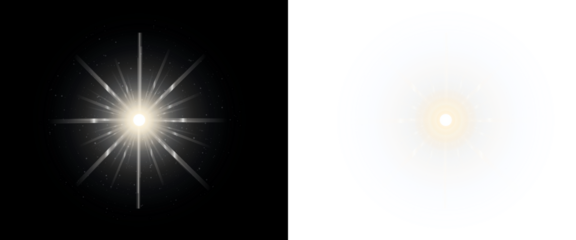 Shining star with white light rays on black background isolated on transparent background