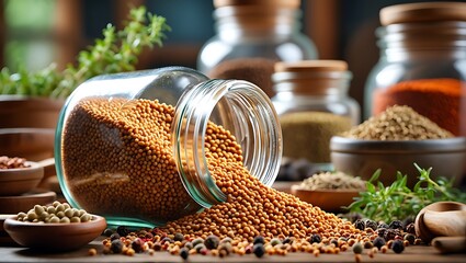 A variety of colorful spices and herbs spill from glass jars, creating a rustic, aromatic display for culinary inspiration.