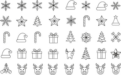 Editable Vector Outline Illustrations – Christmas Icons Pack: Trees, Snowflakes, Santa Hats, Stars, Gifts, Candy Canes