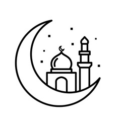Minimalist Line Art of a Mosque and Crescent Moon Symbolizing Islamic Faith and Ramadan