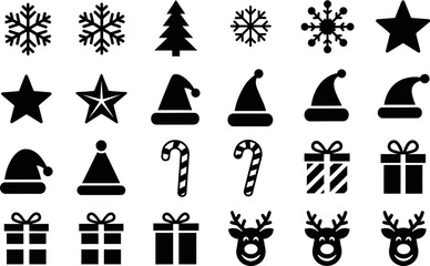 Editable Vector Silhouette Set – Christmas Icons Collection: Trees, Snowflakes, Santa Hats, Stars, Gifts, Candy Canes