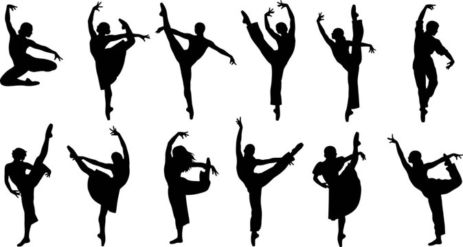 A Set of vector silhouettes of dancing choreographies physical exercises gymnastics