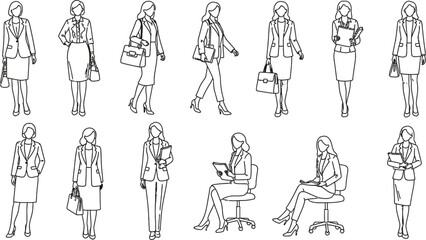 Professional business people outline in various professional poses and outfits, showcasing business fashion.