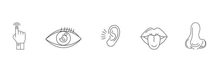 Human senses icon set. Outline vision eye, smell nose, hearing ear, touch tand, taste mouth, with tongue sensory system perception design collection silhouette vector.