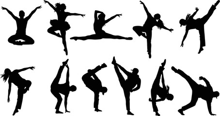 A Set of vector silhouettes of dancing choreographies physical exercises gymnastics © Pixel Verses