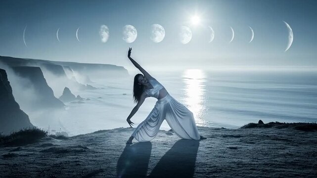 Meditating Dancer on a Cliffside with Moon Phases and Ocean View