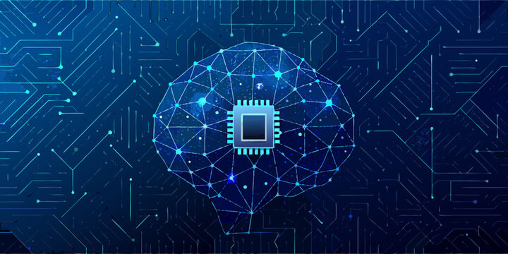 Artificial intelligence concept with a glowing brain and digital network background
