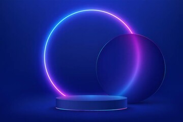 Futuristic neon ring podium with blue and pink glow on dark background