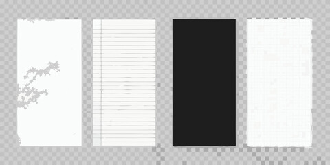 Four rectangular paper sheets with varied textures and colors isolated on transparent background