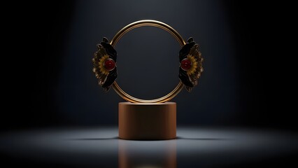 Fototapeta premium A stunning ornate gold bangle with precious stones on a pedestal