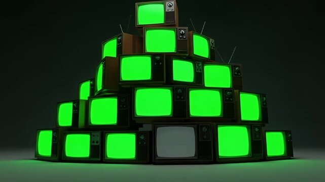 Stack of old vintage televisions with green screens flickering in dark room