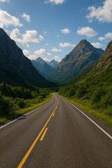 Fototapeta premium Scenic mountain valley highway with green trees and blue sky
