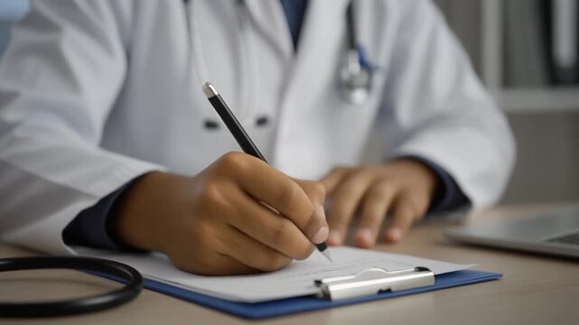 Doctor Writing Notes in Medical Office.