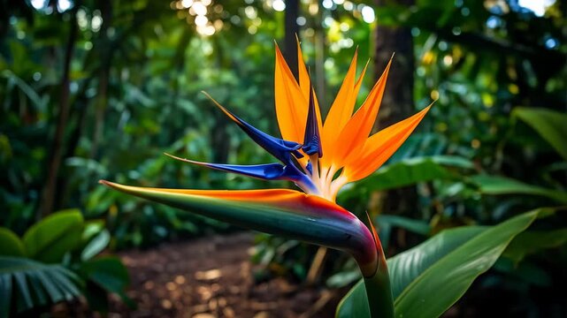 Vibrant Bird Of Paradise Flower in Lush Green Rainforest with Sunlight