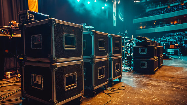 Backstage gear cases ready for concert tour transport and logistics.