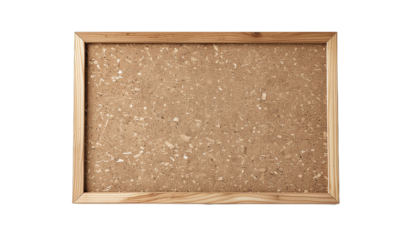Empty natural cork board with a light wooden frame, isolated on a transparent background, providing a versatile blank space for notices, memos, and creative display purposes