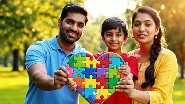 Indian family holding a colorful autism awareness puzzle heart outdoors