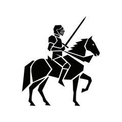 Geometric silhouette of a knight on horseback with a sword.