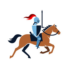 Knight in full armor riding a galloping horse with a spear and shield.