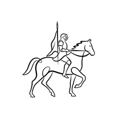 Fototapeta premium Knight on horseback with spear and flag black and white line art illustration.