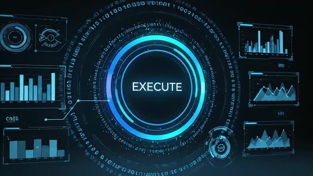 High-tech digital dashboard displaying data analytics and a glowing 'EXECUTE' button, signifying strategic process initiation and advanced operational command