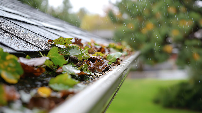 Clogged gutters and rainwater causing home damage problem.