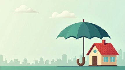 Vector illustration of property insurance umbrella protecting house
