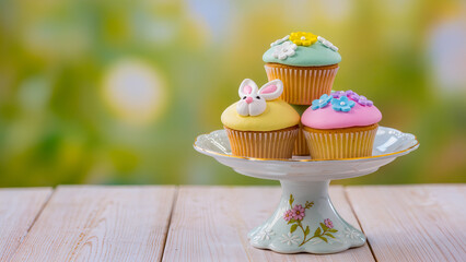 Collection of bright Easter cupcakes with buttercream frosting and decorations on a vintage stand.