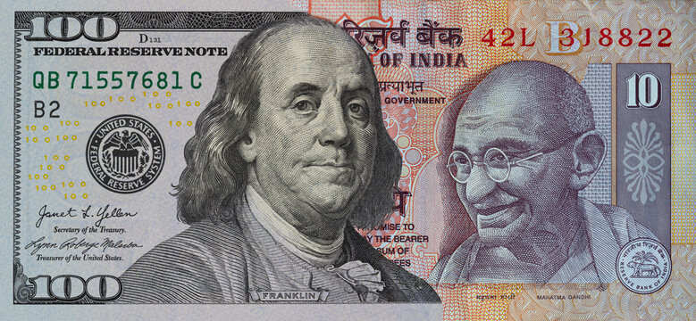 One Hundred US Dollar and Ten Indian Rupee Currency Collage