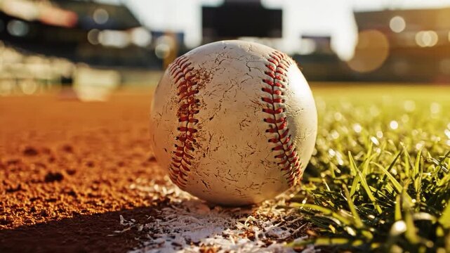 Baseball resting on the chalk line between dirt infield and grass outfield