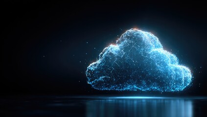 Glowing digital cloud of interconnected dots floats against a dark, reflective background