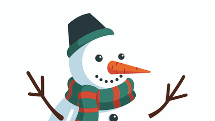 A cheerful snowman wearing a green and black hat, scarf with red stripes and a carrot nose against a clean white background with a joyful Christmas theme.