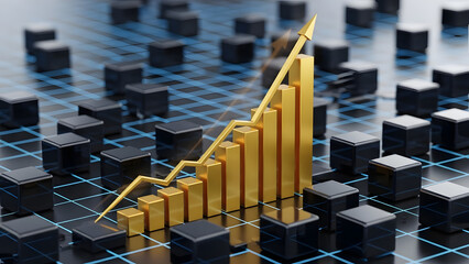 Golden bar chart shows upward trend on grid background