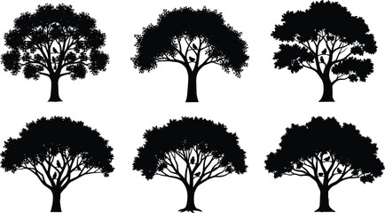 Black tree silhouettes vector illustration set, diverse forest outlines, seasonal foliage, isolated botanical elements, natural landscape design, decorative nature artwork collection for projects