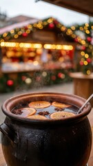 Traditional mulled wine steaming in a rustic pot served at a festive European Christmas market