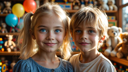 Portrait young blonde girl bright blue eyes boy freckle vintage toy shop wooden toys colorful balloons smiling gentle ponytails messy hair joyful playful generative AI