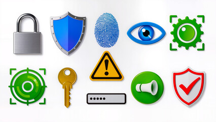 Collection of 3D icons for security, data protection, cybersecurity, and biometrics on a white background.
