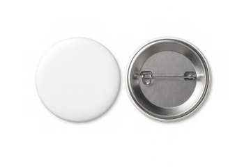 Blank button pin mockup, presenting front and back view of round badge with empty white surface, transparent background