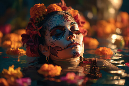 Woman with sugar skull makeup in water with flowers