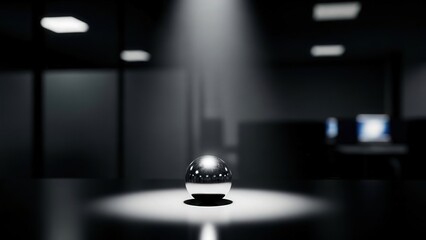 Dark orb display, Glossy black orb in office with security theme