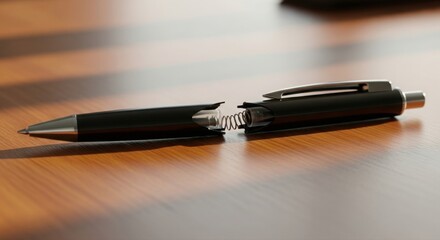 Broken Black Ballpoint Pen with Visible Spring on Wooden Surface