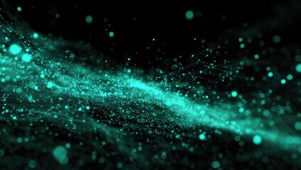 Teal particles and lines create a flowing, luminous digital abstract against a dark background
