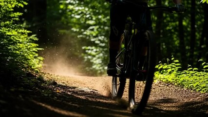 Mountain biker jumps on dusty forest trail in summer light.