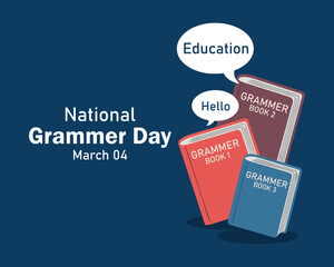 National Grammar Day. March 4, National grammar day celebration banner, card with multiple books in different colour. National grammar day simple and decent conceptual banner for the better learning.