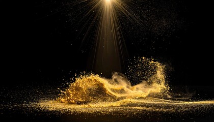 Abstract golden particles explosion with bright light beam.